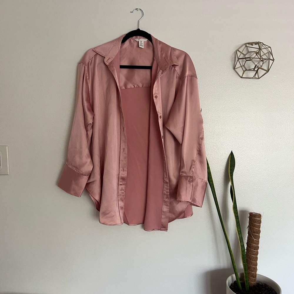 Pink satin button up over sized